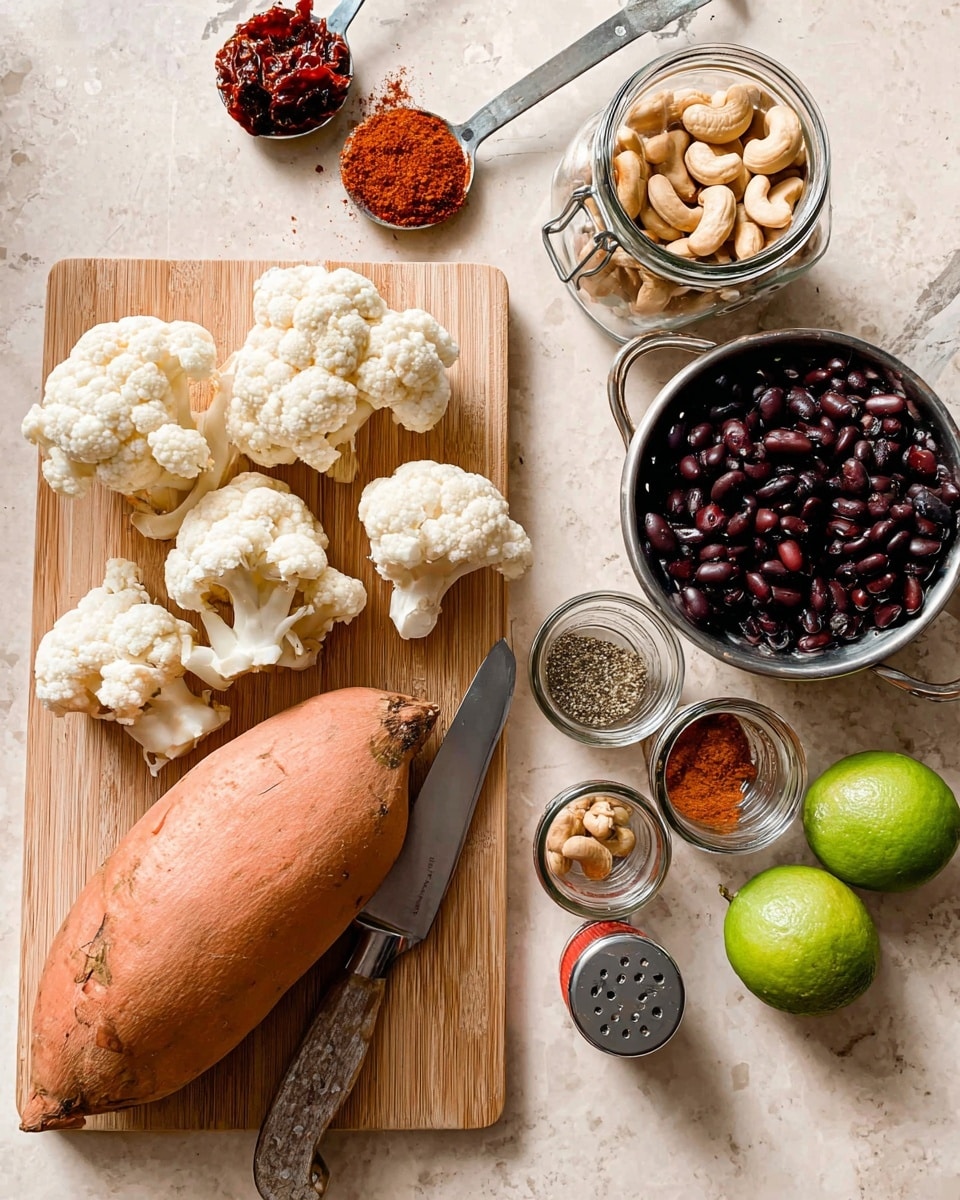 The image shows a collection of cooking ingredients arranged on a white marbled surface. In the center-left, there is a light brown wooden cutting board holding white cauliflower florets and a large sweet potato with a smooth orange-brown skin. A silver knife lies next to the cauliflower on the board. On the bottom right, a metal mesh strainer holds shiny black beans. Above the strainer, a metal measuring cup is filled with cashew nuts. Nearby, there is an open glass jar of dark red sun-dried tomatoes and three small glass jars filled with different spices—greenish oregano, brownish powder, and red chili powder with shakers' lids beside them. To the right, there are two bright green limes. On the top left, a silver measuring spoon holds red chili powder. The scene exhibits a natural and fresh feel with a mix of colors and textures of raw ingredients ready for cooking. Photo taken with an iphone --ar 4:5 --v 7