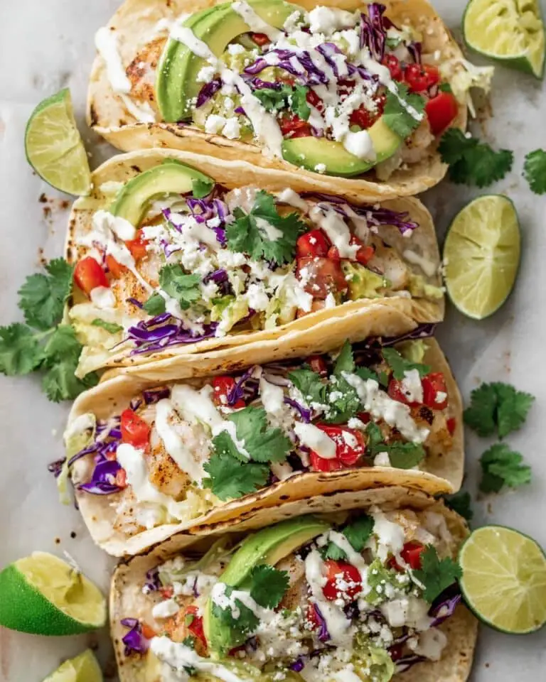 Fish Tacos with Lime Crema and Fresh Toppings Recipe