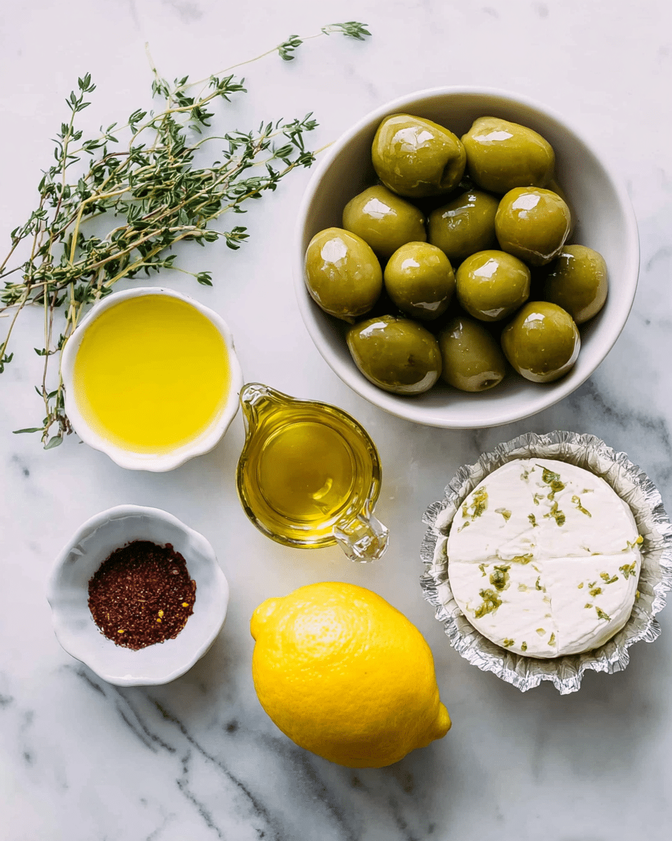 A white bowl filled with green olives stacked closely together sits near the center of a white marbled surface. To the right is a small round round of white cheese wrapped in a silver foil cup with light green herbs visible. Below the olives, a bright yellow lemon with a textured peel lies next to a clear glass container of golden olive oil with a small handle. To the left, a small white bowl holds a dark reddish-brown spice or seasoning. A small bunch of fresh green thyme sprigs is placed behind the cheese. Photo taken with an iphone --ar 4:5 --v 7