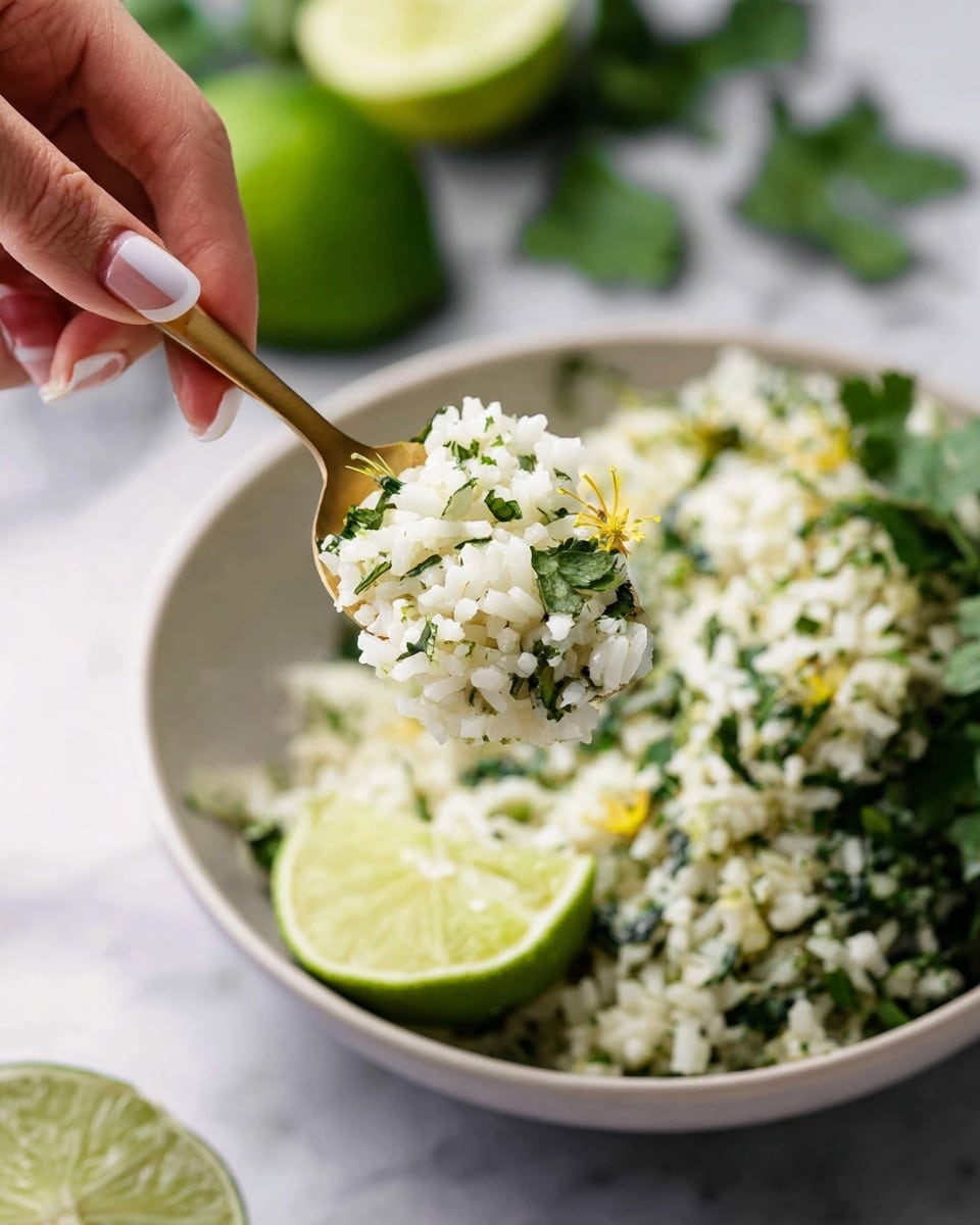 A close-up image shows a gold spoon held by a woman's hand with light-colored nails, lifting a scoop of white rice mixed with chopped green herbs and small yellow flower petals. Below, there is a wide white bowl filled with the same herb mixed rice, topped with scattered green leaves and a thin slice of lime resting on the side. The background features a blurry white marbled surface and hints of sliced limes and leafy greens, creating a fresh and clean setting. Photo taken with an iphone --ar 4:5 --v 7
