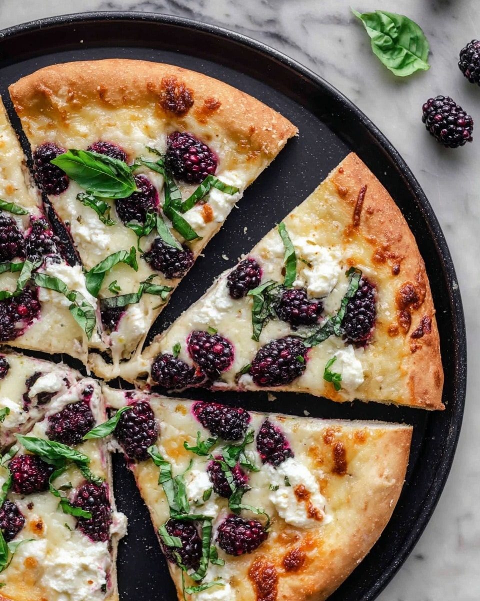 The image shows a pizza with four slices on a black pizza pan, placed on a white marbled surface. The pizza has one thick golden-brown crust layer at the base, topped with melted white cheese covering the entire surface. There are dollops of white creamy cheese spread unevenly on top. Scattered over the cheese are whole dark purple blackberries, and fresh green basil leaves sliced thinly. The cheese has some lightly browned spots, and the blackberries add a textured dark burst of color, while the basil adds fresh green contrast. Photo taken with an iphone --ar 4:5 --v 7