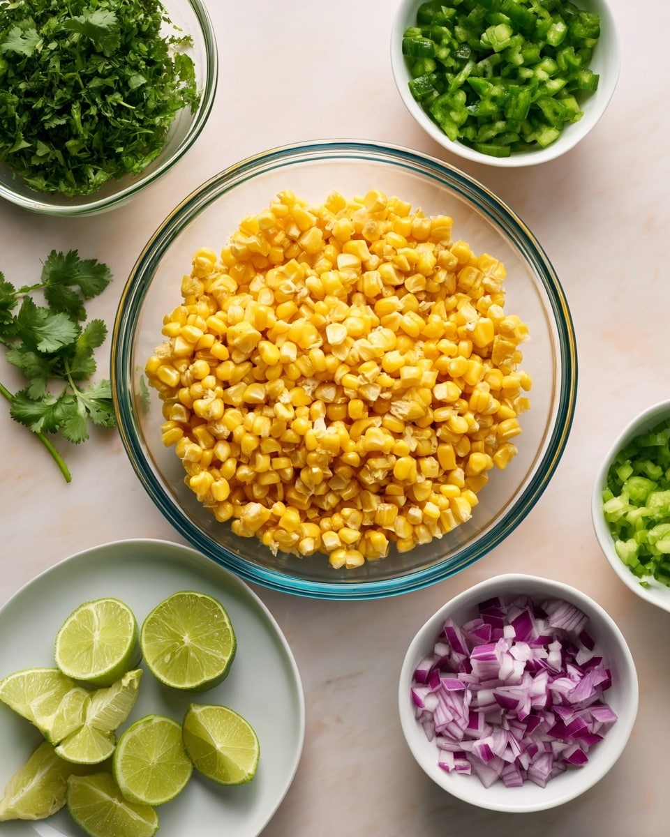 A clear glass bowl is filled with bright yellow corn kernels in the center on a white marbled texture. Surrounding it are smaller white bowls with fresh green cilantro leaves, chopped purple-red onions, and diced green bell peppers. In front on the left is a white plate with several lime wedges placed in a circle. Fresh cilantro sprigs lie on the surface near the bowls, adding more green color to the scene. The setup is neat and colorful, showing fresh and chopped ingredients ready for mixing photo taken with an iphone --ar 4:5 --v 7