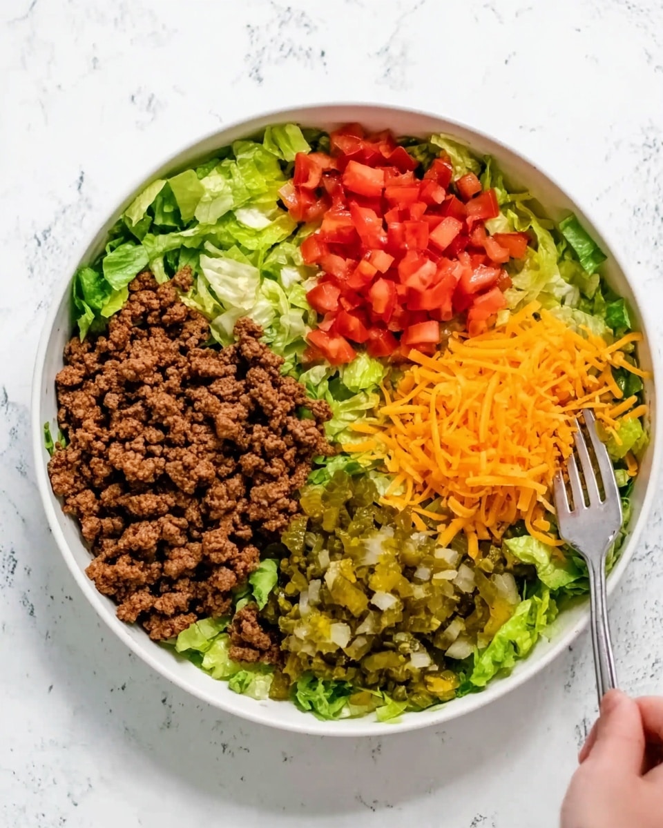 This image shows a white bowl filled with a colorful taco salad arranged in four sections on a bed of green lettuce. One section has cooked ground beef with a brown, crumbly texture. Next to it is a bright red pile of small chopped tomatoes. Another section is filled with finely shredded orange cheddar cheese. The last part has a mix of chopped pickles or relish, which is light green and slightly chunky. The bowl sits on a white marbled surface, and a woman’s hand holding a fork is reaching from the top right corner. photo taken with an iphone --ar 4:5 --v 7