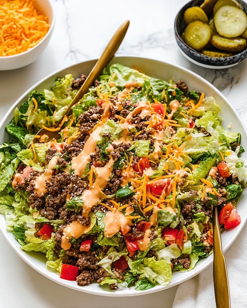 A large white plate holds a colorful taco salad with many layers: at the bottom is a bed of bright green leafy romaine lettuce torn into pieces, followed by small chunks of red tomatoes scattered evenly. Next is a layer of crumbly browned ground beef spread across the salad. Thin shredded orange cheddar cheese is sprinkled throughout, adding texture. On top, a creamy light orange sauce is drizzled unevenly over the salad, giving a rich look. The salad is sprinkled with small sesame seeds. Two gold utensils are placed in the salad, one visible on the left side and one on the right. In the background, a white bowl filled with more shredded cheddar cheese and a dark bowl with sliced pickles rest on a white marbled surface. Photo taken with an iphone --ar 4:5 --v 7