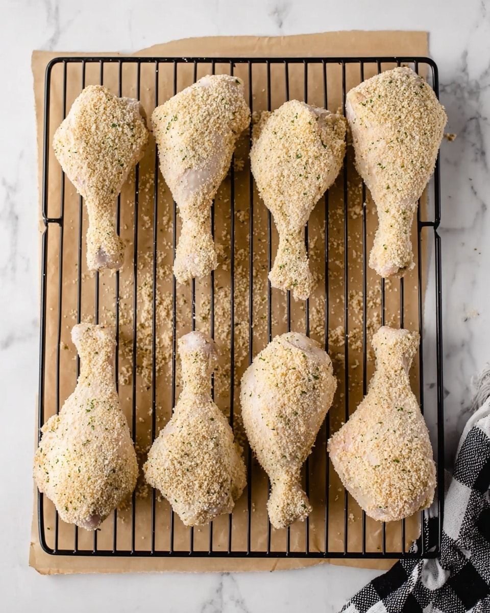 The image shows ten pieces of raw chicken drumsticks and thighs, each fully coated in a light beige breadcrumb mix with small green herb specks, arranged evenly on a black wire rack. The wire rack rests on brown parchment paper, which lays on a white marbled surface. The breaded chicken pieces are spaced out, showing the crumb texture covering every part, with some crumbs scattered on the parchment. A folded black and white checkered cloth is partially visible at the bottom right corner. Photo taken with an iphone --ar 4:5 --v 7
