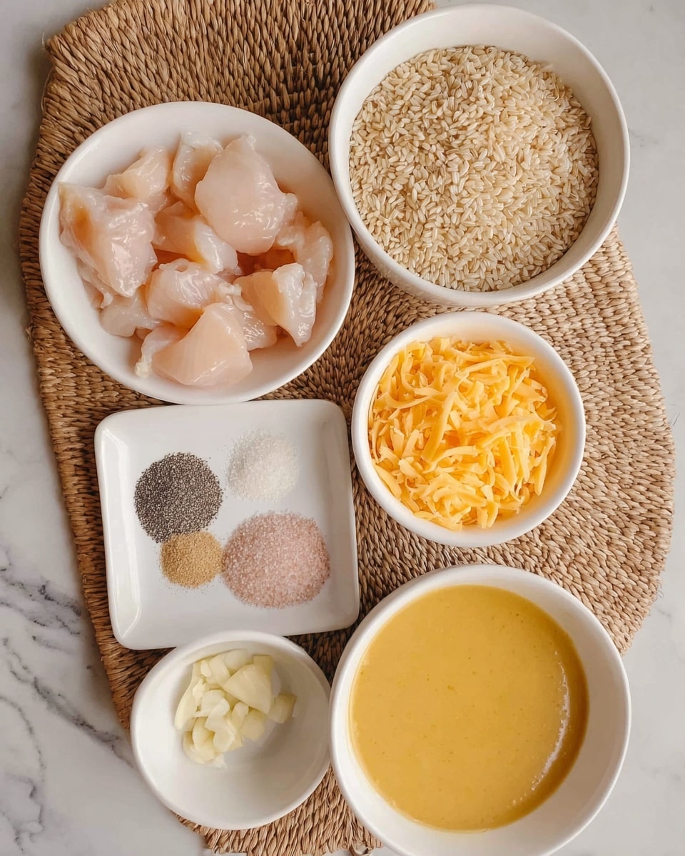 This image shows six white bowls placed on a woven mat. The largest bowl on the top left holds small pieces of light pink raw chicken. To its right is a bowl filled with uncooked brown rice grains. Below the rice, there is a bowl filled with shredded orange cheese. In the center, a small bowl contains two piles of fine powder: black pepper and pink salt. On the bottom left, a tiny bowl holds minced garlic. Next to the garlic bowl, a medium bowl is filled with smooth, shiny yellow sauce. The whole setup is on a white marbled surface. photo taken with an iphone --ar 4:5 --v 7