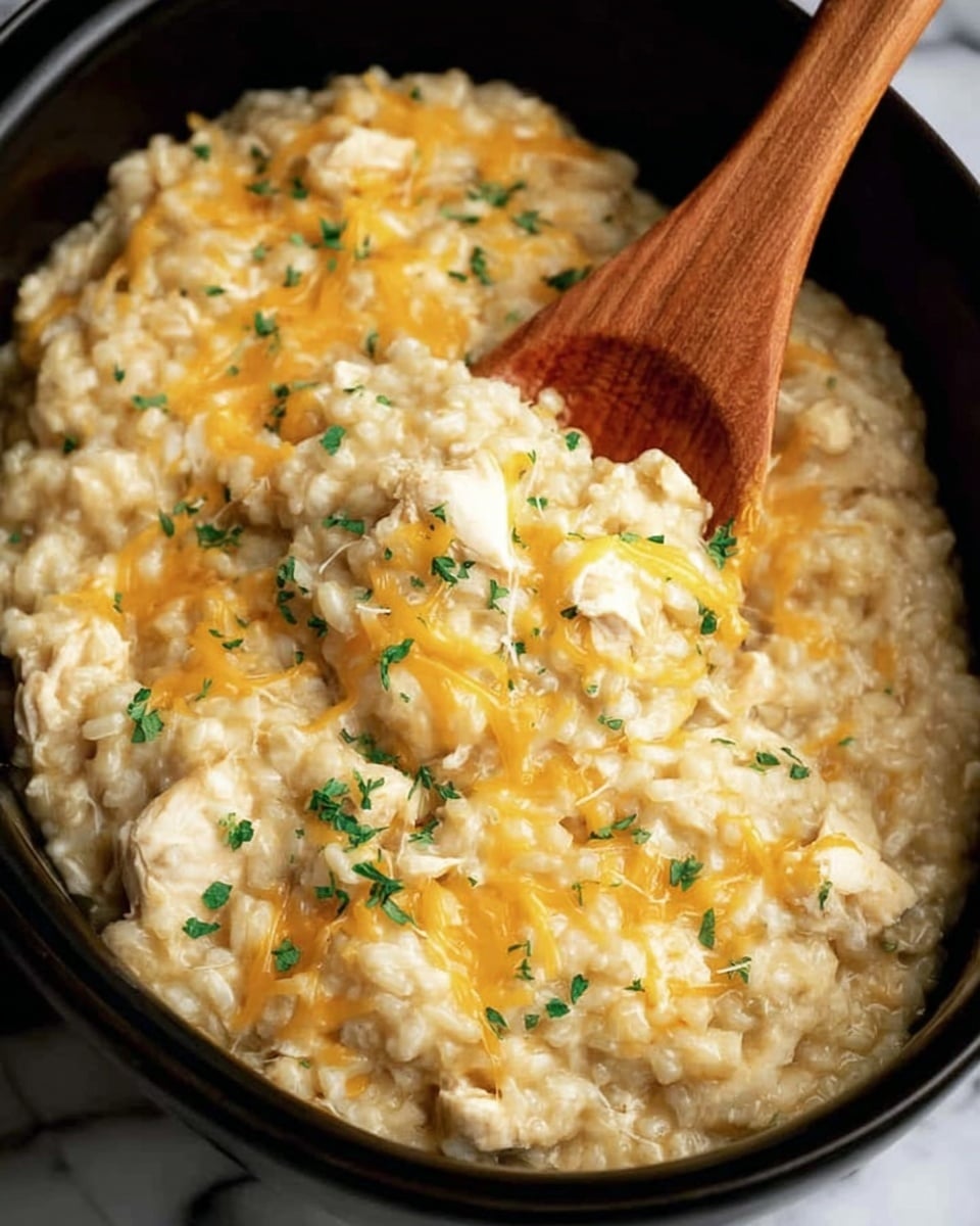 This image shows a close-up of creamy risotto mixed with melted yellow cheese strands and small bits of white chicken throughout the dish. The risotto is thick and slightly textured, with small green herb sprinkles adding color on top. A wooden spoon is scooping into the dish, revealing the rich mixture inside. The risotto is served in a round black bowl placed on a white marbled surface. Photo taken with an iphone --ar 4:5 --v 7