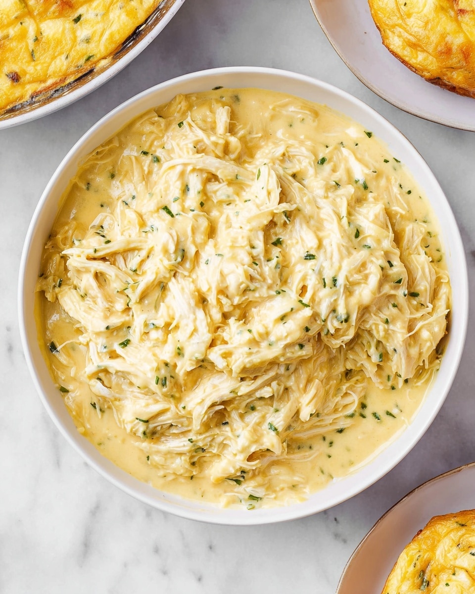 A close-up view of a white bowl filled with shredded chicken mixed in a thick, creamy sauce that is light yellow with small green herb bits scattered throughout. The texture of the sauce looks smooth and rich, coating the soft, stringy pieces of chicken evenly. Around the bowl, there are parts of other white plates visible, each holding a round egg dish with a fluffy, slightly browned surface. The background is a white marbled surface, adding a clean and bright look to the scene. Photo taken with an iphone --ar 4:5 --v 7