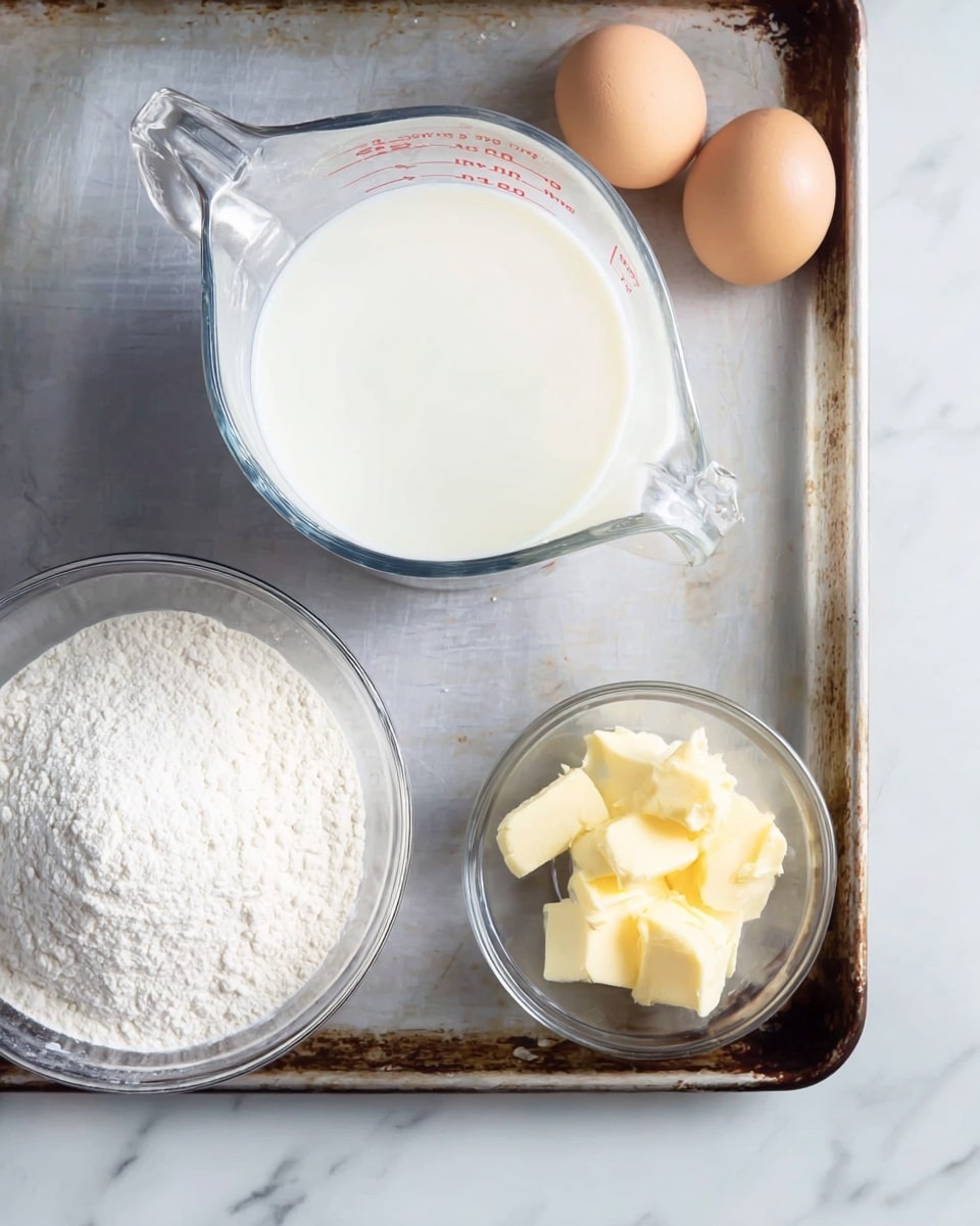 A clear measuring jug filled with white milk sits in the center of a slightly worn metal baking tray. To the top right, three light brown eggs are placed close together. At the bottom left, a clear bowl contains white flour with a powdery texture. At the bottom right, a small clear bowl holds several pale yellow chunks of butter. The background is a white marbled surface. photo taken with an iphone --ar 4:5 --v 7