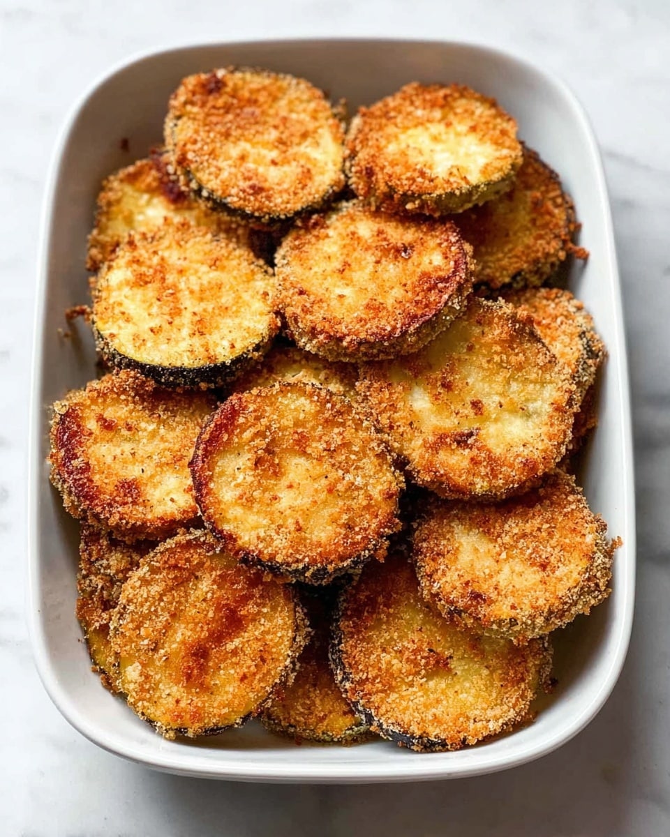 A white rectangular dish holds two layers of round, golden-brown slices that look crispy with a crumb coating. The top layer shows about twelve evenly arranged slices with a rough texture, some darker spots of crispiness, and a mix of light and darker golden colors. The slices have dark edges contrasting with the warm golden centers. The dish sits on a white marbled surface. photo taken with an iphone --ar 4:5 --v 7