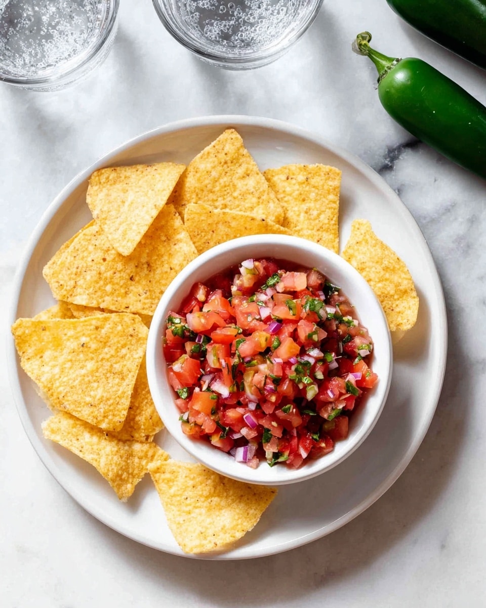 A white round plate holds a small white bowl filled with freshly made salsa, which shows bright red chopped tomatoes, small green herbs, and bits of purple onion mixed together. Around the bowl, on the plate, there is a ring of yellow tortilla chips with a slightly rough texture. The plate is set on a white marbled surface, and two green jalapenos are placed to the upper right side of the plate. Two small clear glasses of water are visible in the top left corner. photo taken with an iphone --ar 4:5 --v 7