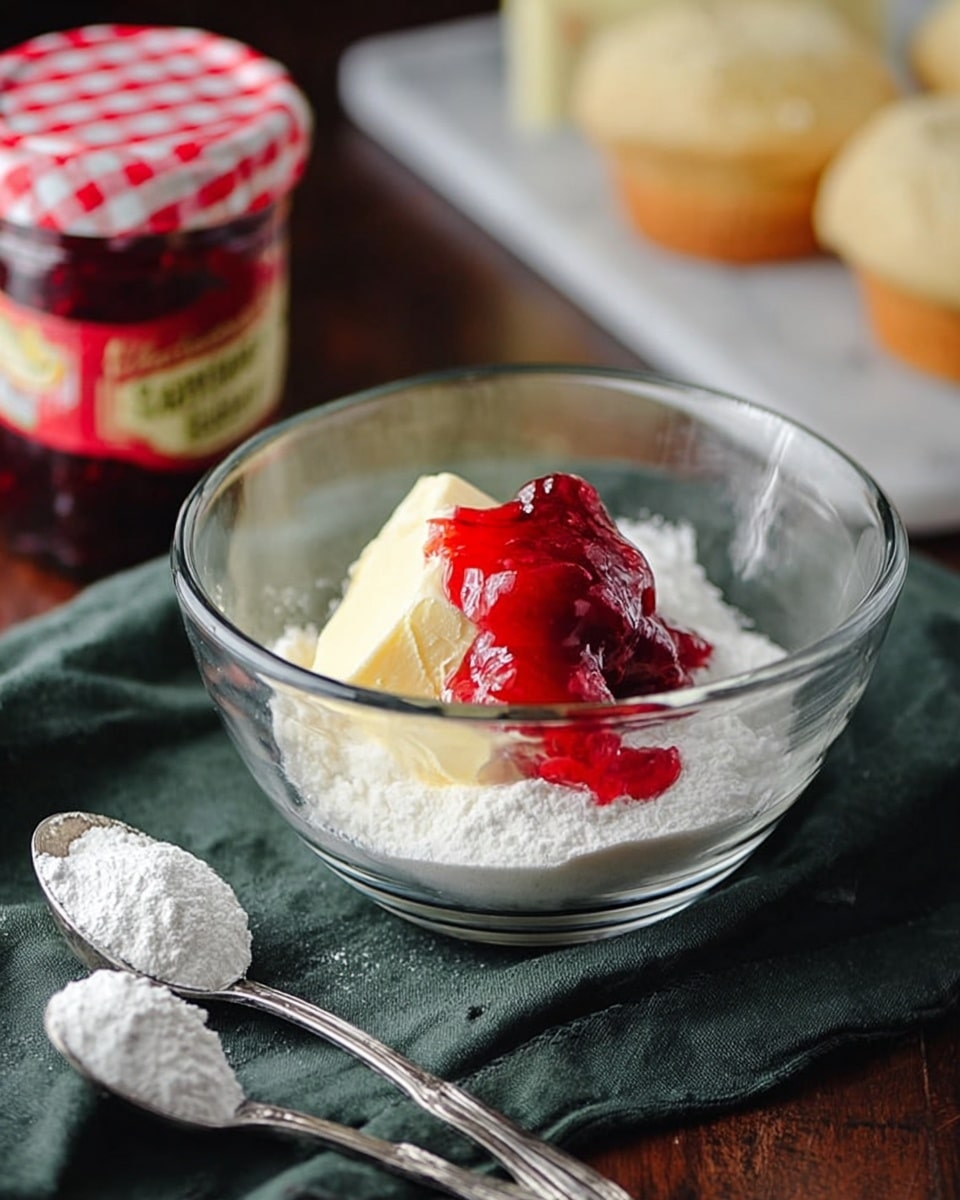 The image shows a clear glass bowl with three main layers inside. The bottom layer is white and smooth powdered sugar, the middle layer is a block of pale yellow butter, and the top layer is a bright red jam dripping slightly onto the butter. The bowl sits on a dark wooden surface covered partly with a soft dark green cloth. Near the bowl are two small metal spoons, one filled with powdered sugar. Behind the bowl is a blurred box of butter and an opened jar of red jam with a red and white checkered lid. The background is a white marbled texture. photo taken with an iphone --ar 4:5 --v 7