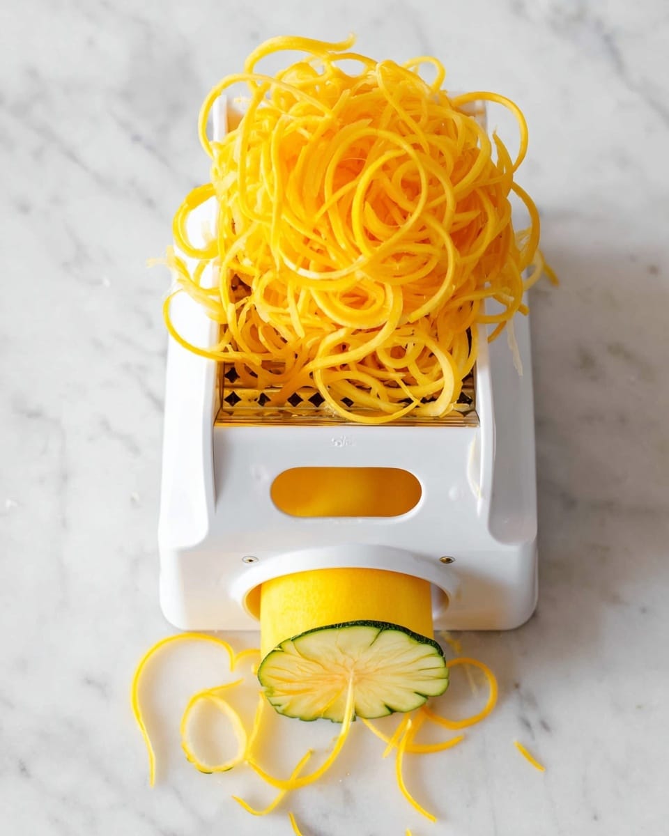 The image shows a white spiralizer machine with a yellow squash attached at the bottom, being sliced into thin, long spiral strands. Above the machine, a pile of bright yellow squash noodles curls and twists with a smooth texture, resting on a white marbled surface. The colors are fresh and vibrant, with the yellow of the squash contrasting against the clean white of the spiralizer and the marble background, highlighting the spiraled vegetable strands clearly. Photo taken with an iphone --ar 4:5 --v 7
