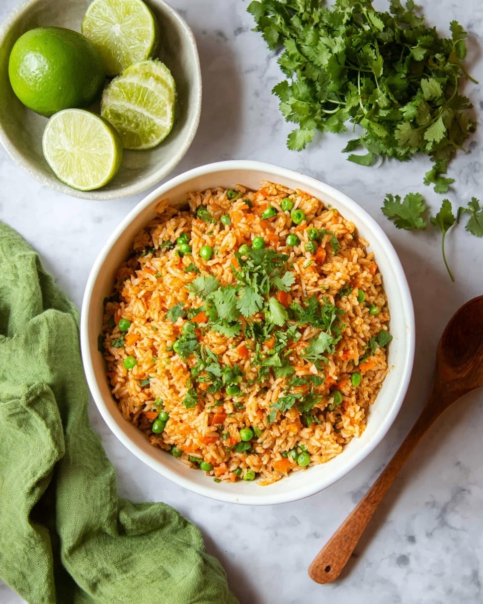 A large white bowl filled with orange-brown rice mixed with small green peas and diced orange carrots, topped with fresh green cilantro leaves. A wooden spoon is lifting a serving of the rice from the bowl, showing the textured grains and small vegetable pieces. The background is a blurred white marbled surface with a touch of greenery. The overall look is warm and inviting, focused on the colorful rice and vegetables, photo taken with an iphone --ar 4:5 --v 7