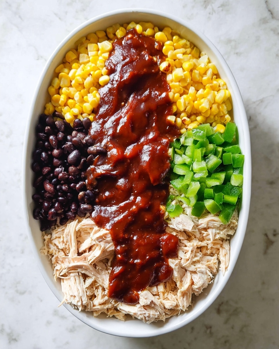 A white oval dish is filled with shredded light beige chicken as the bottom layer. On top, there are four separate sections: bright yellow corn at the top left and right, shiny black beans placed below the corn on both sides, and chopped green bell peppers in small square pieces at the bottom left and right. A thick, dark red-brown sauce is spread in a thick vertical line down the center, covering parts of all the layers. The dish rests on a white marbled surface photo taken with an iphone --ar 4:5 --v 7