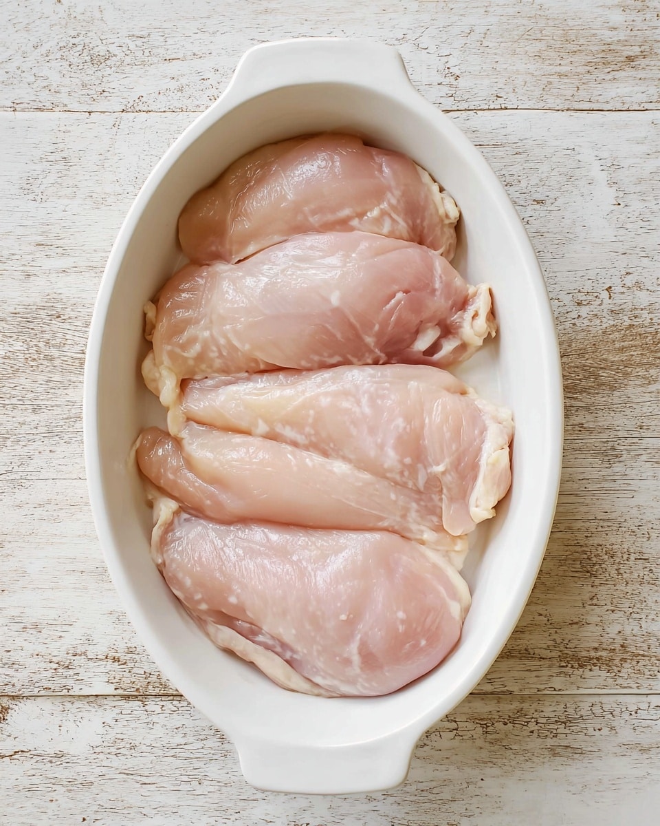 The image shows four pieces of raw chicken placed in a single layer inside a white oval ceramic dish with handles on both ends. The chicken pieces are pale pink with a smooth, slightly shiny texture. They fill the dish almost edge to edge, lying flat. The dish is set on a surface with a worn, light wooden look. Photo taken with an iphone --ar 4:5 --v 7