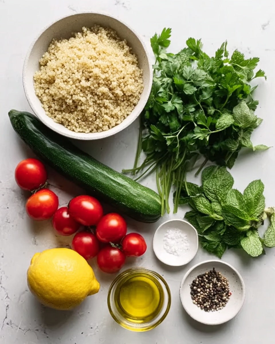 This image shows a flat lay of fresh ingredients on a white marbled surface. In the top left, there is a white bowl filled with cooked quinoa, beige and fluffy in texture. To the right of the bowl is a bright green bunch of parsley with leafy stems. Beneath them are small clusters of shiny red cherry tomatoes still on the vine. On the left side, a dark green cucumber lies next to a vibrant yellow lemon. Below the lemon, there is a small glass container filled with golden olive oil. On the bottom right, a bunch of fresh green mint leaves adds a different shade of green. Finally, a small white bowl containing white salt and black peppercorns completes the layout. photo taken with an iphone --ar 4:5 --v 7