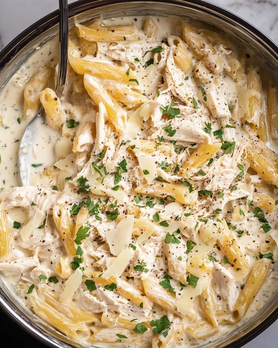 A white bowl filled with creamy white sauce pasta made with penne noodles, small pieces of light beige chicken, and topped with chopped green herbs and thin slices of pale yellow cheese. Two golden toasted bread slices lean against the left side of the bowl. A silver fork rests inside the bowl on the right side, partially submerged in the sauce. The bowl sits on a white marbled surface with part of a blue cloth napkin visible at the top left. In the upper right corner, a white bowl with colorful vegetable salad is partially visible. Photo taken with an iphone --ar 4:5 --v 7