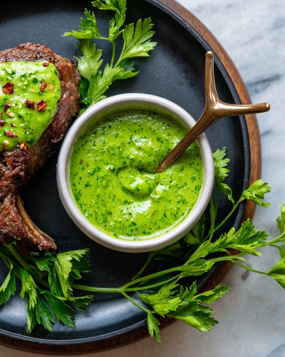The image shows a black plate on a white marbled surface, with a cooked brown meat piece on the left topped with a bright green sauce that has a smooth, slightly chunky texture and bits of red flakes. Next to the meat is a small white bowl filled with the same bright green sauce, with a bronze spoon resting inside it that has a branch-like handle. Fresh green parsley sprigs are placed near the meat, adding a fresh touch of green on the plate. Photo taken with an iphone --ar 4:5 --v 7