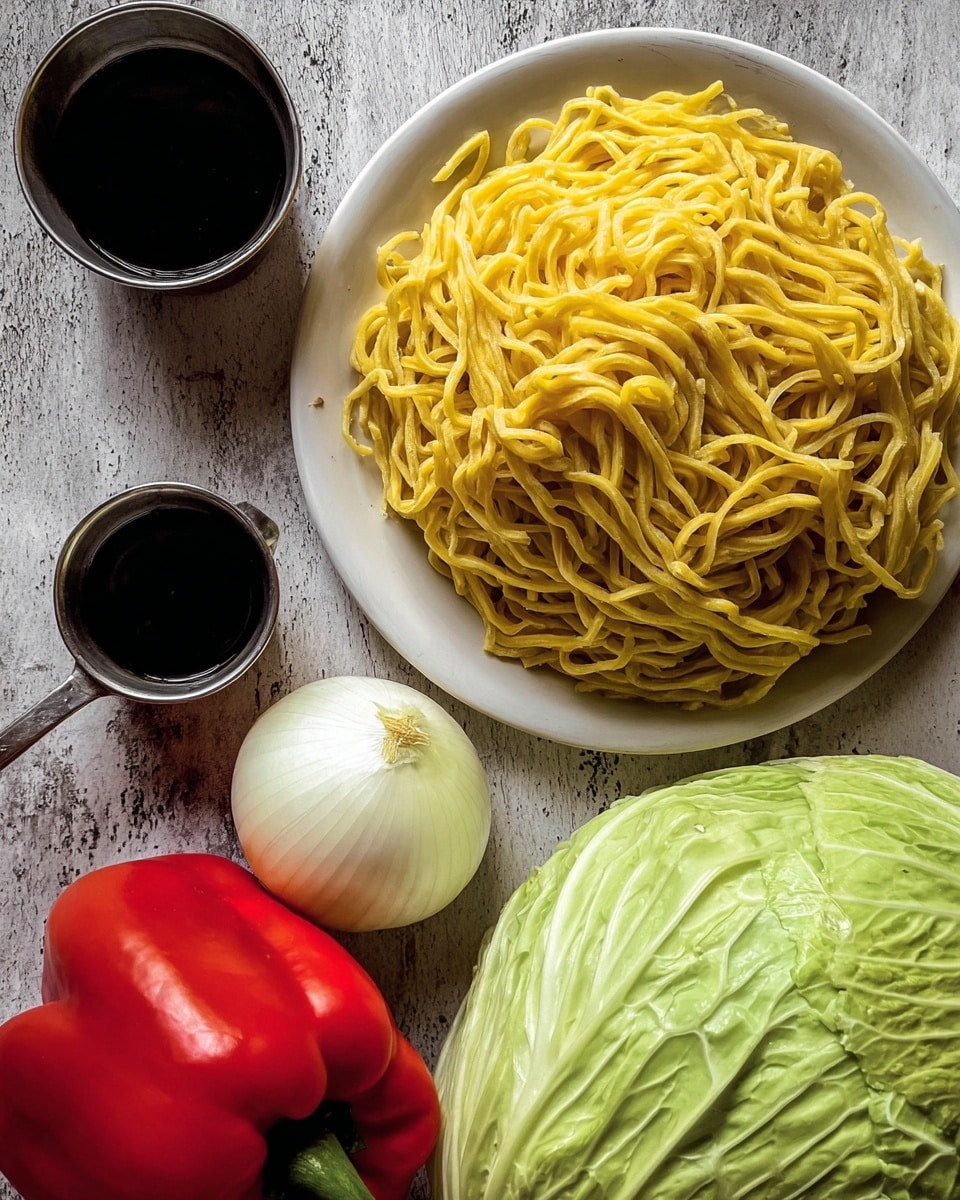 A white plate is full of bright yellow, uncooked noodles that are twisted and piled high, set on a white marbled surface. To the right of the plate, there is one large, green cabbage with soft and textured leaves. Below it, a shiny, smooth white onion sits next to a bright red bell pepper with a green stem. At the bottom left, a small metal cup holds a dark liquid, next to a small round white bowl filled with a thick, dark sauce. photo taken with an iphone --ar 4:5 --v 7