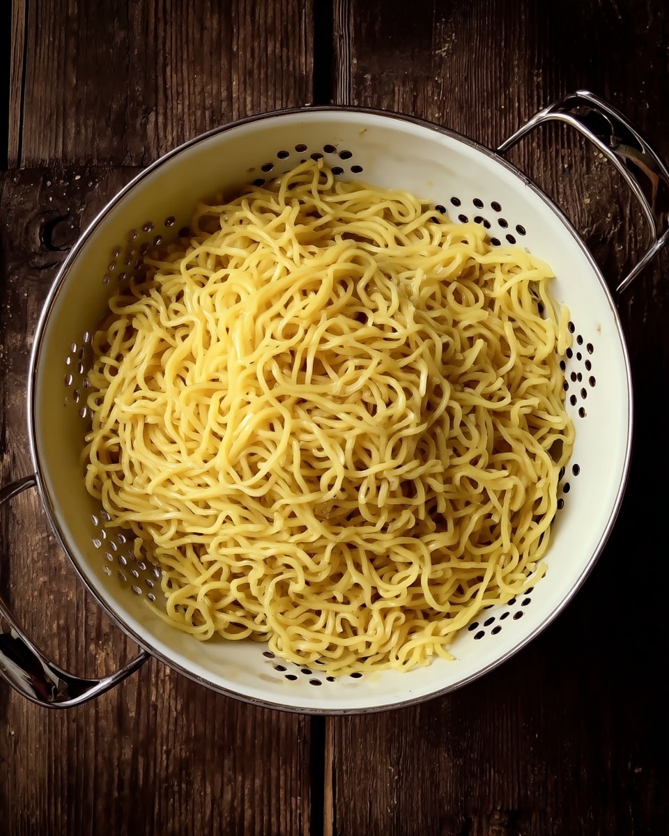A white colander filled with a large pile of cooked yellow noodles with a slightly shiny surface, piled loosely but densely inside the colander. The colander has small round holes and metal rim details with two metal handles on the sides. The whole scene is set on a dark wooden surface, creating a strong contrast with the white colander and the yellow noodles. photo taken with an iphone --ar 4:5 --v 7
