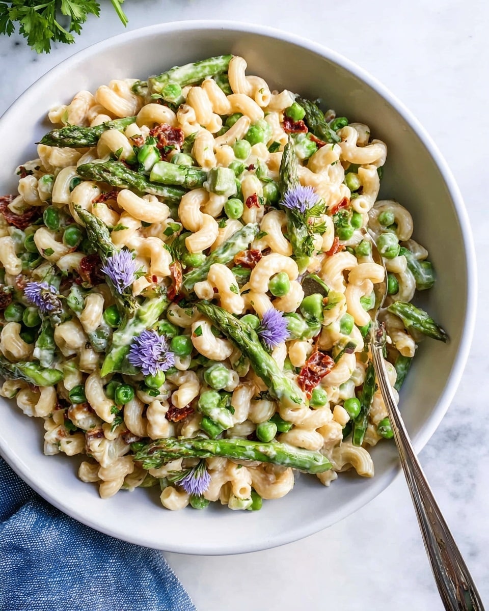 A white bowl filled with a pasta salad made of small curved macaroni, cut green asparagus, and green peas mixed with small bits of sun-dried tomatoes. The salad is garnished with small purple edible flowers and fresh green parsley on top. A silver spoon is placed inside the bowl resting on the salad. The dish is on a white marbled surface with a blurred background showing light purple flowers and soft natural light. Photo taken with an iphone --ar 4:5 --v 7