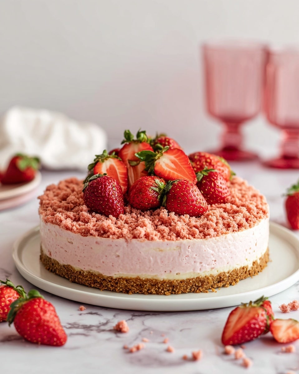 A round cheesecake sits on a white plate over a white marbled surface. The cheesecake has three layers: the bottom layer is a light brown crumbly crust, the middle layer is thick, creamy, and light pink, and the top layer is a crumbly pink streusel. On top of the streusel, there is a pile of whole and halved bright red strawberries with green leaves. Around the plate, some strawberry halves and pink crumbs are scattered. In the blurred background, there are two pink transparent glasses and a white cloth. Photo taken with an iphone --ar 4:5 --v 7