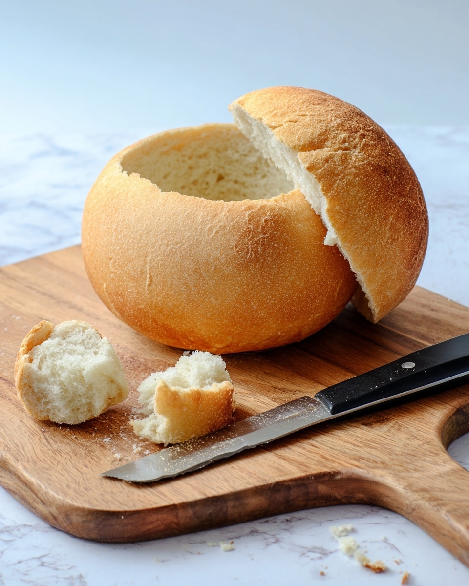 A round loaf of bread is shown with its top part removed and placed slightly tilted on the edge of the hollow inside, which has been scooped out to create a bowl shape. The bread has a golden brown crust with a soft, light interior. Two small bread pieces lie next to the hollow loaf on a wooden cutting board. A knife with a black handle rests nearby on the board, which is set against a white marbled texture background. photo taken with an iphone --ar 4:5 --v 7