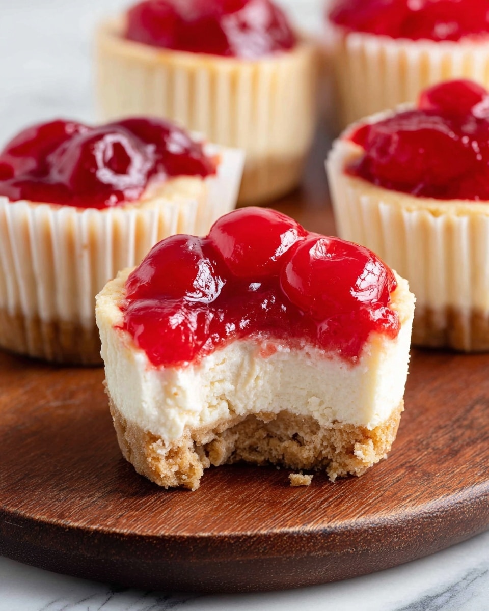 The image shows a small cheesecake with three clear layers: at the bottom, a light brown crumbly crust; in the middle, a thick creamy white cheese layer with a smooth texture; and on top, a bright red shiny layer of cherry topping with whole cherries. The cheesecake is in a white cupcake liner with ridged edges, sitting on a brown wooden board. One cheesecake in the front has a bite taken out, revealing the inside layers clearly. In the background, there are more cheesecakes, also in white liners, placed on the same board on a white marbled surface. Photo taken with an iphone --ar 4:5 --v 7