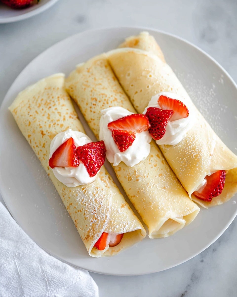 Three thin rolled crepes lie side by side on a white plate set on a white marbled surface. Each crepe has a light golden beige color with a slightly smooth texture. On top of each crepe are small dollops of white cream along with bright red strawberry pieces, sliced to show their juicy inside. The crepes are arranged in a neat row, positioned from left to right with a small space between them. A white cloth is visible at the bottom left corner. photo taken with an iphone --ar 4:5 --v 7