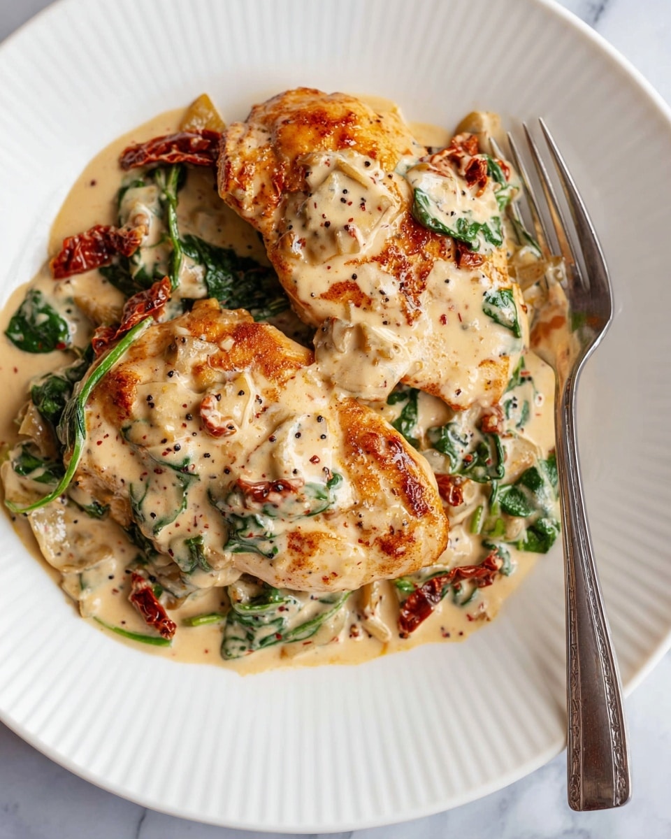 The dish shows two pieces of golden-brown cooked chicken on a white plate with ridged edges. The chicken is topped and surrounded by a creamy, light beige sauce with visible black pepper flakes. Mixed into the sauce are wilted dark green spinach leaves, small soft light yellow onion chunks, and pieces of sun-dried tomatoes in deep red hues. The sauce looks thick and smooth, evenly coating the chicken and some of the plate. A silver fork rests on the right side of the plate on a white marbled surface. photo taken with an iphone --ar 4:5 --v 7
