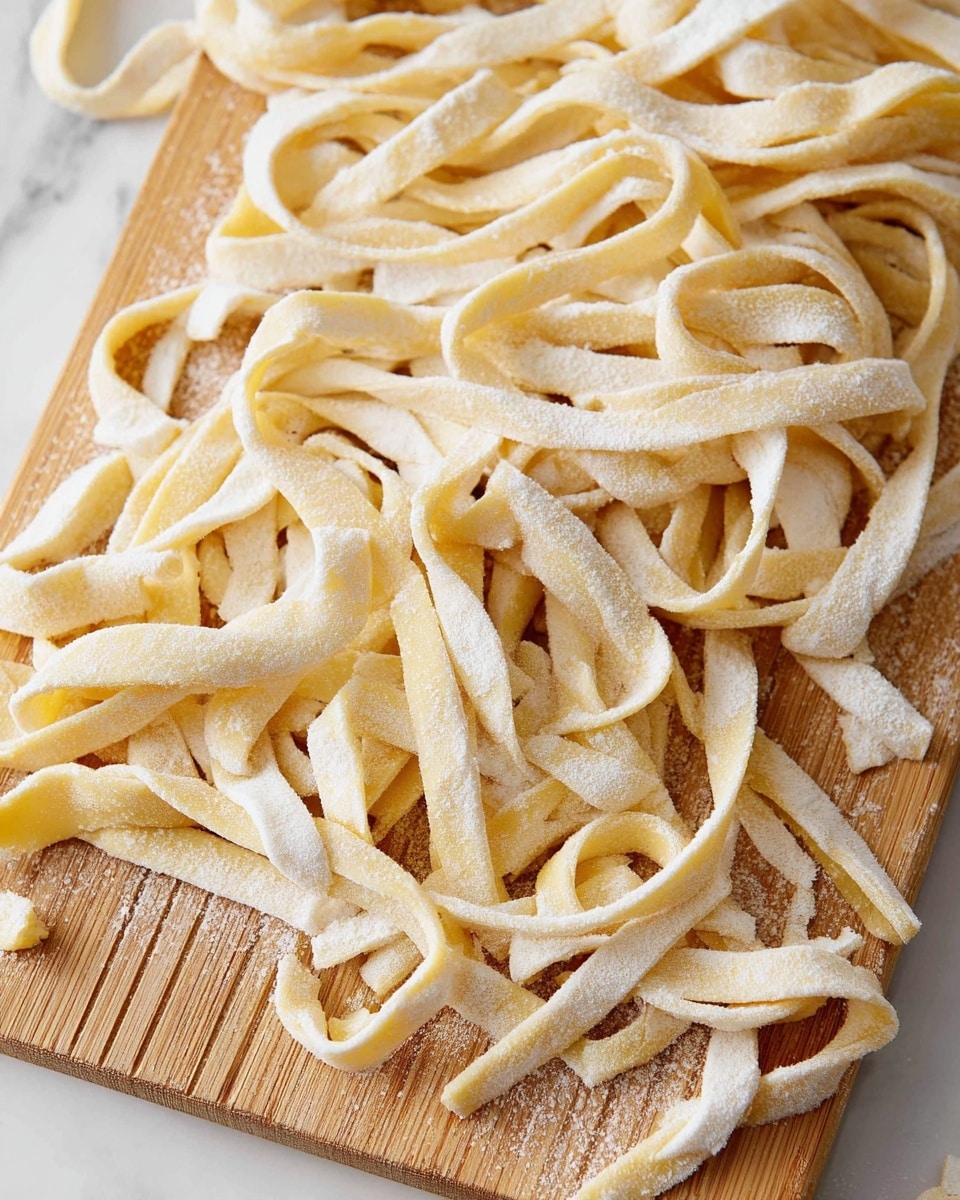 The image shows many long, flat pasta noodles scattered on a light brown wooden board. The noodles are pale yellow and dusted with white flour, giving them a slightly powdery look. Each noodle is thick and uneven, some folded or curling softly. The scene is close up, capturing the texture of the noodles and flour. The wooden board has small grooves along its edges. The background surface visible at the corner is a white marbled texture. Photo taken with an iphone --ar 4:5 --v 7