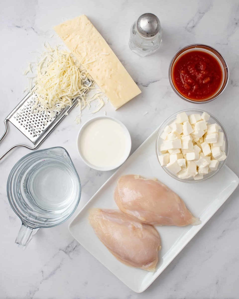 The image shows cooking ingredients arranged on a white marbled surface. In the center, there is a white rectangular plate with two raw chicken pieces that are pale pink and smooth. To the left, there is a block of shredded cheese placed on a metal grater, with some cheese shavings falling below. Below the grater is a clear glass measuring cup filled with water. Near the middle top, there is a small bottle of salt. On the right side, there is a white bowl filled with white cheese cubes. Next to the bowl, there is a small round glass container with thick white sauce, and above it, a small white square bowl containing red sauce. photo taken with an iphone --ar 4:5 --v 7