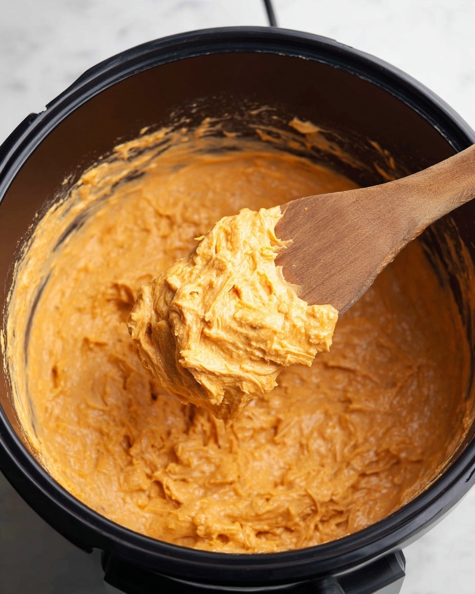 The image shows a close-up of a black pot filled with a thick, creamy mixture that has an orange color with visible shredded pieces blended in. A wooden spoon is lifting part of the mixture, showing its soft, smooth, and slightly chunky texture. The mixture fills the pot evenly, and the pot’s inner surface is black and shiny. The scene is set on a white marbled surface. photo taken with an iphone --ar 4:5 --v 7