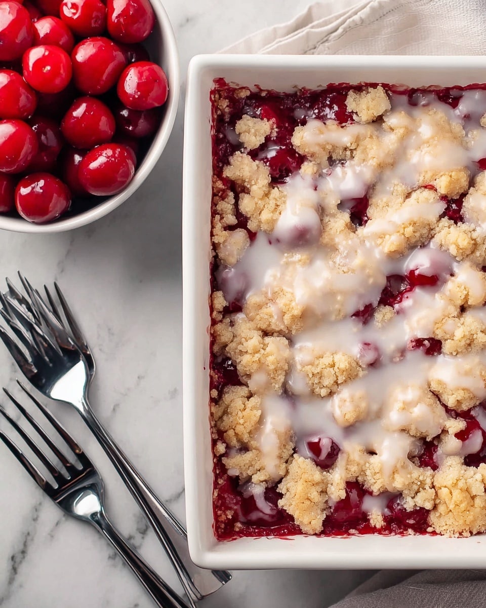 The image shows a close-up of a square baking pan filled with a three-layer dessert. The bottom layer is a deep red cherry filling with visible whole cherries. Above that is a crumbly golden topping with small and large clusters spread unevenly. A light white glaze is drizzled over the top, partially soaking into the crumbly layer. To the left of the pan, there is a white bowl filled with more bright red cherries sitting on top of a white marbled surface. Three silver forks are placed nearby on the same white marbled surface. photo taken with an iphone --ar 4:5 --v 7