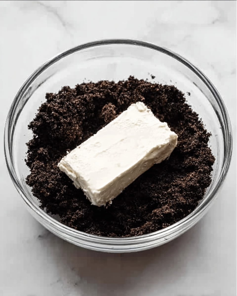 The image shows a clear glass bowl on a white marbled surface filled with dark brown, crumbly cookie crumbs. On top of the crumbs sits a thick, rectangular block of white cream cheese with a smooth texture. The contrast between the dark crumbs and the creamy white block is clear and distinct. photo taken with an iphone --ar 4:5 --v 7