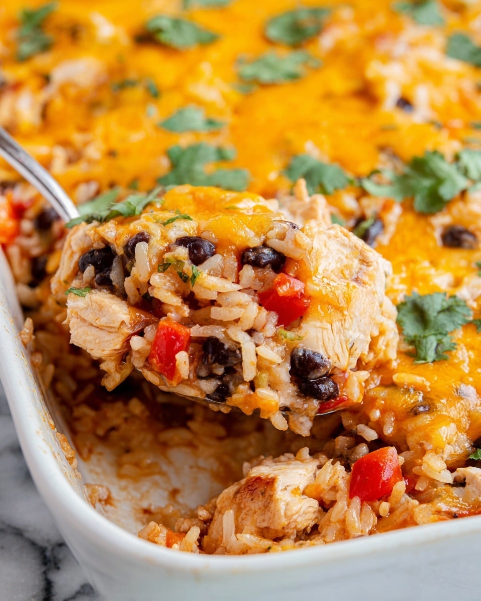 A close-up image of a cheesy rice casserole in a white dish, showing layers of cooked rice mixed with black beans, diced red bell peppers, small pieces of light-colored chicken, and bits of onion, all topped with a melted bright orange cheese layer with some green cilantro leaves scattered on top. A spoon lifts a portion, revealing the thick, mixed texture inside, with the cheese layer melting slightly over the ingredients beneath. The background shows a white marbled texture. photo taken with an iphone --ar 4:5 --v 7