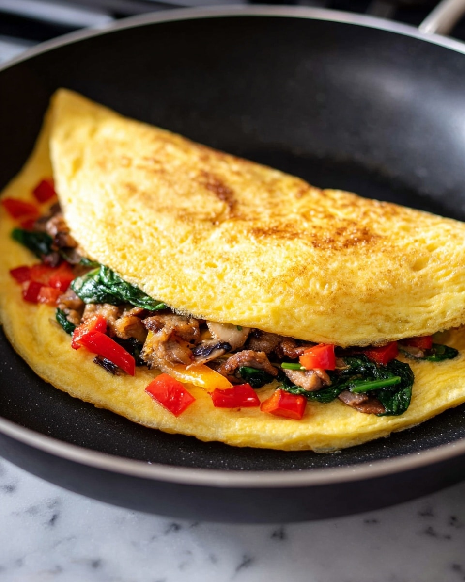 A folded, golden-yellow omelet rests inside a black pan, showing texture with small browned spots on the surface. Inside the omelet, there are three distinct layers of filling: diced red bell peppers with a smooth and shiny surface, browned bits of cooked meat with a slightly crispy texture, and dark green leafy vegetables that appear soft and wilted. The omelet has a smooth, slightly firm look and is positioned in the center of the pan, which is set against a white marbled surface. photo taken with an iphone --ar 4:5 --v 7
