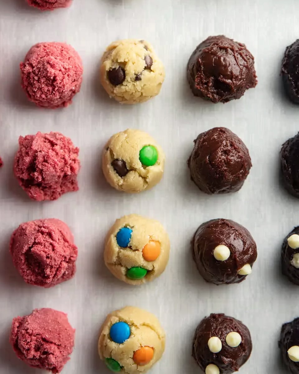 The image shows a close-up of four rows of small cookie dough scoops arranged in a neat grid on white parchment paper with a white marbled surface underneath. The first column has three pink dough scoops with a rough, crumbly texture. The second column has three smooth, dark brown dough scoops with a shiny surface. The third column has three pale yellow dough scoops embedded with colorful candy pieces in red, green, blue, and orange. The fourth column has three dark brown dough scoops with white chocolate chips visible on top. The light is soft, highlighting the texture and colors of the doughs. photo taken with an iphone --ar 4:5 --v 7