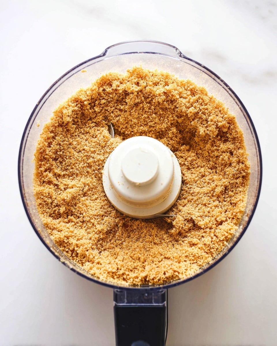 The image shows a clear food processor bowl with a black handle sitting on a white marbled surface. Inside the bowl, there is one layer of finely ground crumbs that are light brown and have a slightly grainy texture. The crumbs are evenly spread around the central white blade, leaving a small space in the middle. The container is round and transparent, giving a clear view of the crumb layer inside. photo taken with an iphone --ar 4:5 --v 7