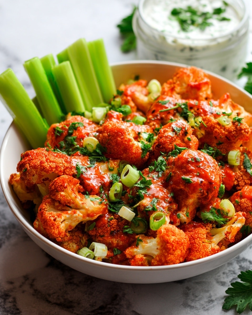 A white bowl filled with bright orange roasted cauliflower pieces layered with red spicy sauce on top, garnished with small green parsley leaves and chopped green onions scattered on the cauliflower. On the left side of the bowl, there are fresh celery sticks standing upright. In the background, there is a glass jar filled with white creamy dip topped with parsley, all placed on a white marbled surface. photo taken with an iphone --ar 4:5 --v 7