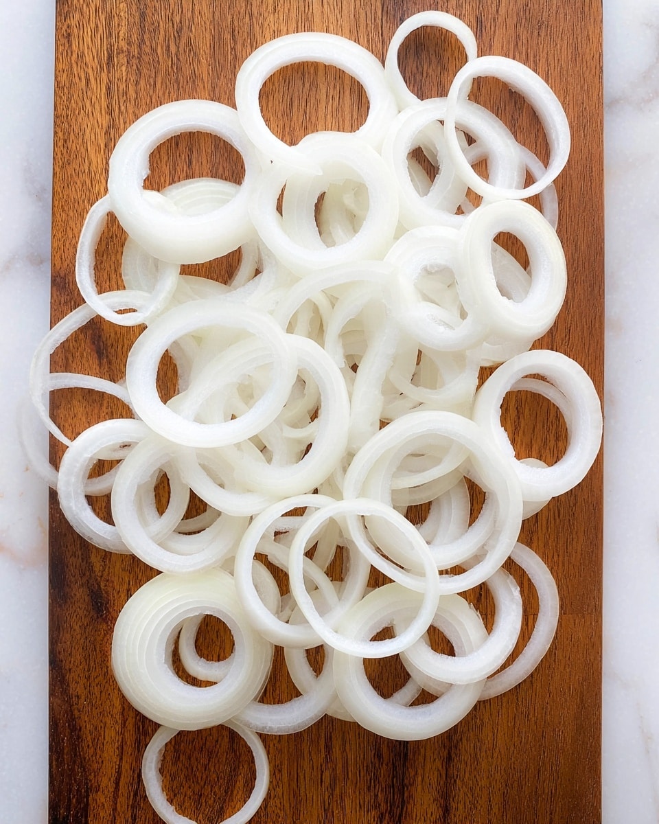 The image shows many thin white onion rings spread out on a brown wooden cutting board, which is placed on a white marbled surface. The onion rings vary in size and overlap each other, creating a layered texture of smooth, slightly shiny white rings with visible ridges. The clean and simple arrangement highlights the translucent quality of the onion rings against the warm wood tones and bright white background. photo taken with an iphone --ar 4:5 --v 7
