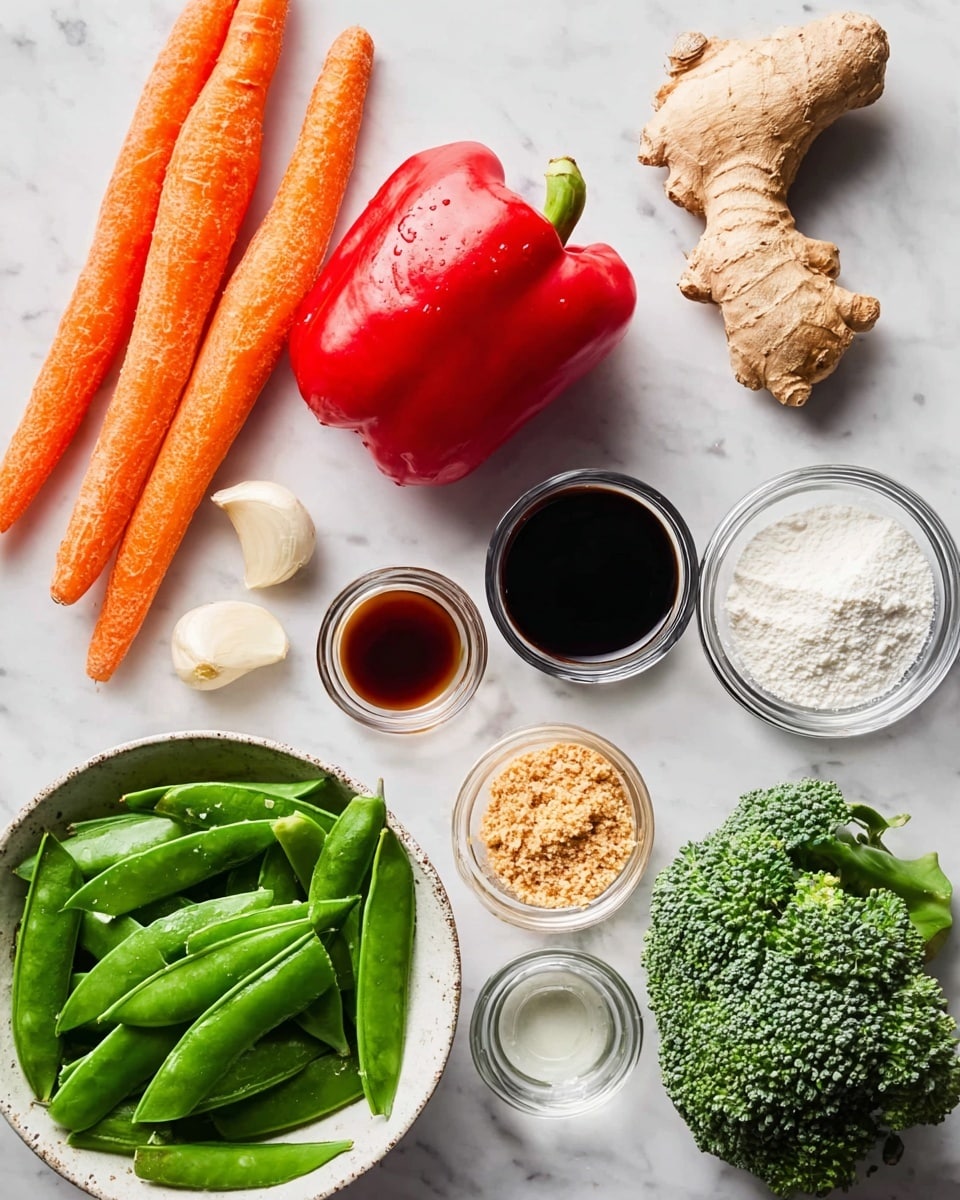 A flat lay of fresh ingredients on a white marbled surface shows two whole orange carrots on the left, next to a large shiny red bell pepper in the center. Above the carrots and pepper is a piece of fresh ginger root with a rough light brown skin, and to its right are two cloves of garlic. On the top right, there is a small bowl with white powder and to the left of it is a small glass bowl filled with a dark brown liquid, likely soy sauce. Below the white powder are two small glass bowls, one with clear liquid and the other with a light brown crumbly substance. At the bottom right, a white bowl is filled with bright green snap peas, and next to it is a small bunch of dark green broccoli florets with leafy stems. photo taken with an iphone --ar 4:5 --v 7