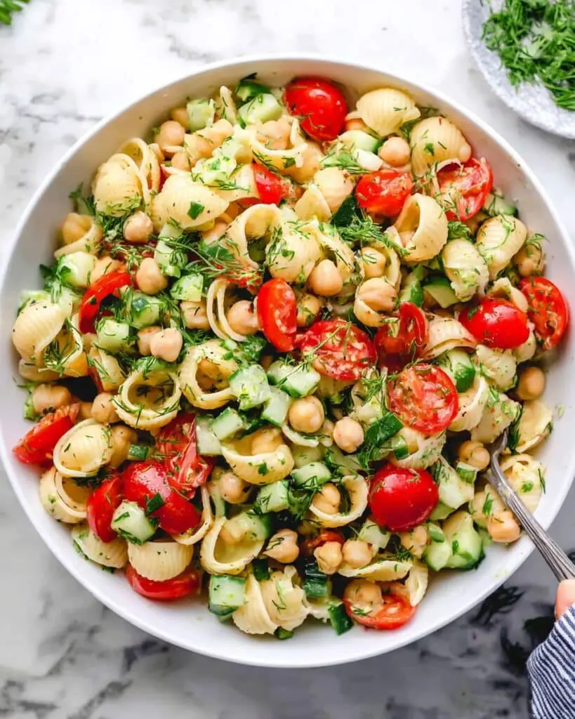 Chickpea Pasta Salad with Fresh Vegetables and Dijon Vinaigrette Recipe