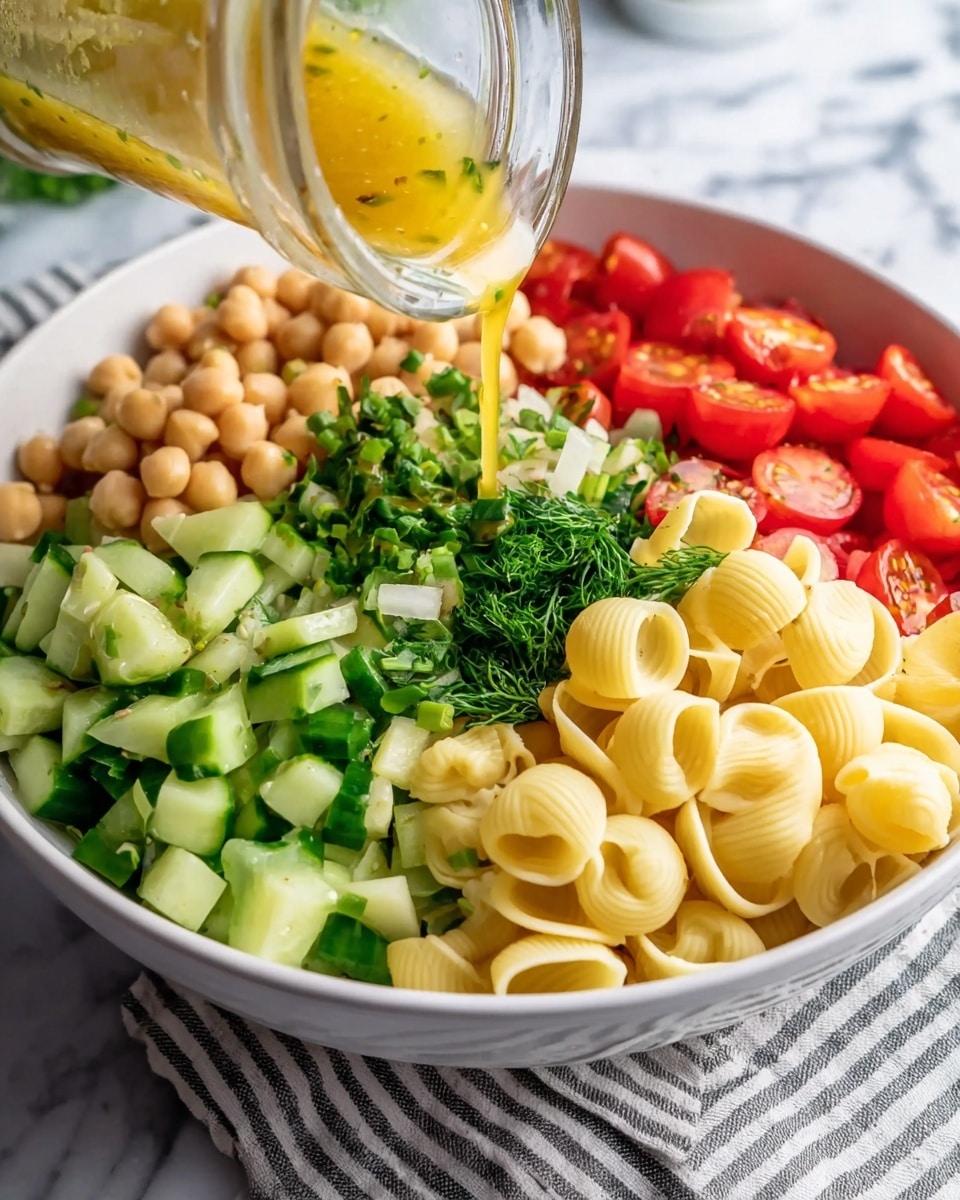 A white bowl holds a colorful, fresh salad arranged in layers: the bottom right layer has pale yellow pasta shells, the bottom left layer shows bright green chopped cucumber, the top left layer has light beige chickpeas, and the top right layer features halved red cherry tomatoes. In the middle, there is a mix of chopped dark green herbs and light green scallion slices. A glass container is pouring a yellow dressing over the herbs in the center. The bowl is set on a white marbled surface with a striped cloth partially visible underneath. Photo taken with an iphone --ar 4:5 --v 7