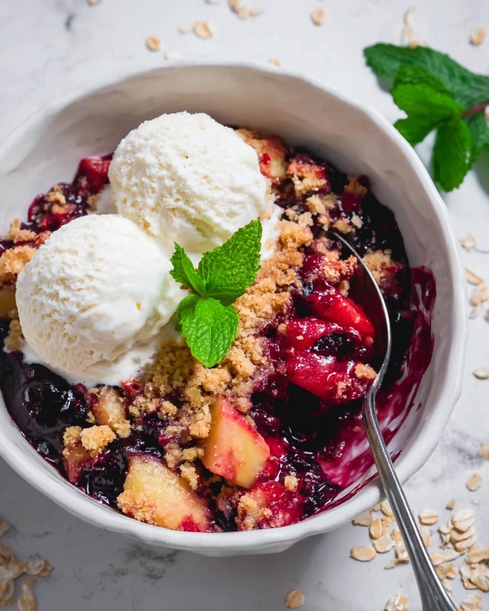 The image shows a white baking dish filled with a fruit crumble dessert. The crumble has two main visible layers: the top layer is a thick, uneven, golden-brown oat crumble with small chunks and a rough texture spread across most of the dish. Beneath the crumble, the fruit layer is a mix of soft, cooked pieces of red and purple berries, along with larger, light-colored fruit chunks, all coated in a glossy, rich berry sauce that is bright red and purple. Part of the crumble has been scooped out revealing the juicy, mixed fruit layer underneath. A silver spoon rests inside the dish, slightly buried in the fruit filling. The dish sits on a white marbled surface with a striped cloth and some green leaves nearby. Photo taken with an iphone --ar 4:5 --v 7