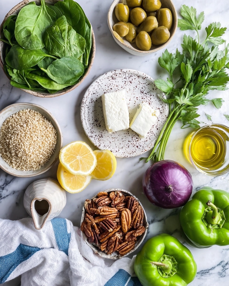 A top-down view of various fresh ingredients arranged on a white marbled surface, including a bowl of bright green spinach leaves at the top, a bowl of green olives to the left, a speckled small plate with three pieces of white soft cheese in the center, and a bowl filled with light tan grains near the bottom left. Two lemon halves, one whole lemon, and a small ceramic jug with olive oil are scattered near the center. On the right side, two shiny light green bell peppers and a halved purple onion sit next to fresh green parsley. At the bottom center, a bowl holds brown pecan nuts, and a white cloth with blue stripes is tucked under the bowls. photo taken with an iphone --ar 4:5 --v 7