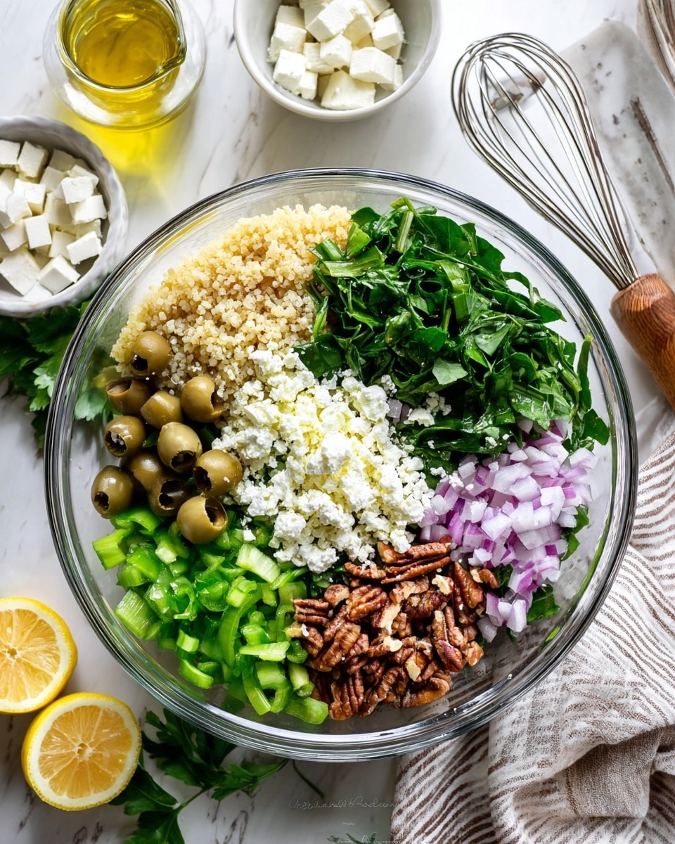 A clear glass bowl sits on a white marbled surface with seven layers of fresh ingredients arranged in sections inside. At the top, there is a pale tan layer of cooked bulgur wheat. To the right of it, a bright green layer of chopped leafy spinach. Below the spinach, a pile of chopped pecans in warm brown tones. Near the center, crumbled white feta cheese spreads over fresh green parsley. On the left side of the bowl, dark green sliced olives sit next to finely chopped light purple onion. Below the onion, a bright green layer of chopped bell peppers adds a fresh contrast. Surrounding the bowl are ingredients including lemon halves, a small container of olive oil with a whisk, a bowl with white cheese cubes, and a striped cloth. A woman's hand is partially visible holding a silver and wood serving utensil. Photo taken with an iphone --ar 4:5 --v 7