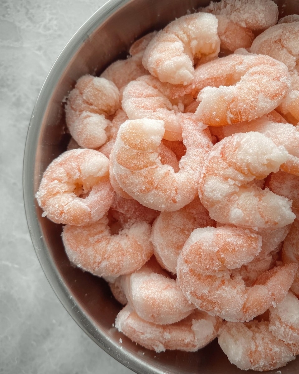 A close-up view of many frozen shrimp piled inside a metal bowl. The shrimp are light pink with a layer of white frost covering them, showing their icy texture. They are curved and vary slightly in size, filling the bowl fully. The background around the bowl is a white marbled texture. photo taken with an iphone --ar 4:5 --v 7