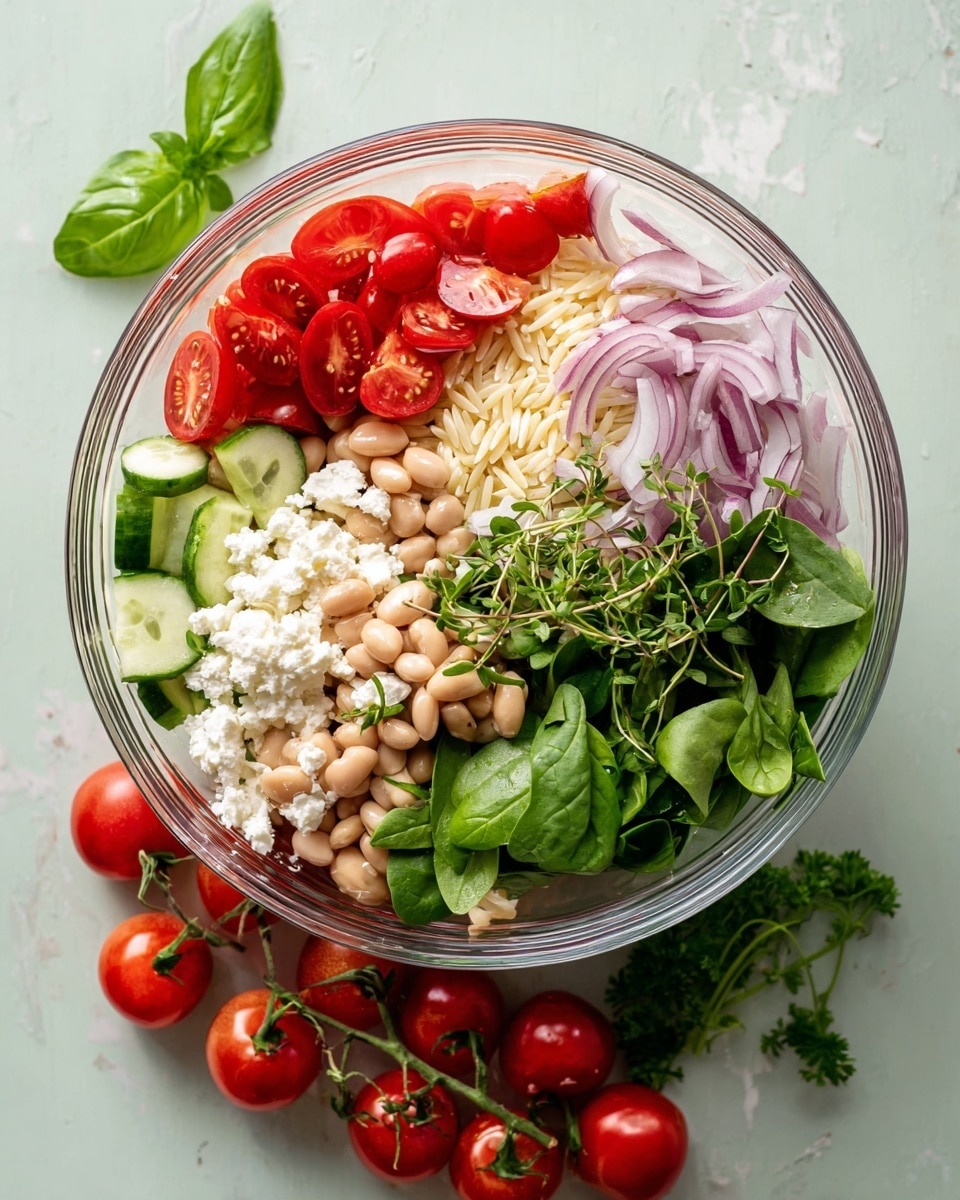 A clear glass bowl sits on a white marbled texture, filled with fresh ingredients in separate sections. Starting from the left, there are red cherry tomato halves, white orzo pasta, white crumbly cheese, light beige beans, sliced green cucumbers with skins, torn spinach leaves scattered above, red onion thin strips, and more cherry tomato halves on the top right. Fresh green herbs, including basil and thyme, are placed in the center. Around the bowl, bright red whole cherry tomatoes on green stems and fresh green parsley leaves rest on the white marbled surface. photo taken with an iphone --ar 4:5 --v 7